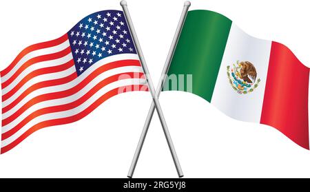 mexico and USA american flags in relationship alliance or versus conflict crossed flagpoles vector isolated on white background Stock Vector