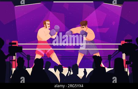 Boxing flat composition two boxers fighting in the ring against a purple background vector illustration Stock Vector