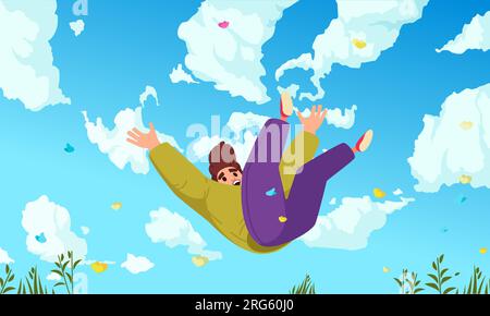 Falling people concept young guy falling down against the sky and clouds vector illustration Stock Vector