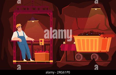 Flat mining composition the worker stands in an elevator in a mine next to the cart filled with mined minerals vector illustration Stock Vector