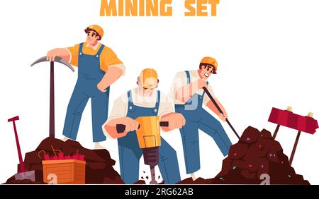 Flat mining concept with mining set description and three workers at the job vector illustration Stock Vector