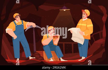 Flat colored mining composition three workers at lunch talk to each other and eat vector illustration Stock Vector