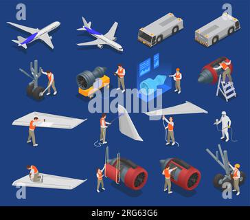Aircraft service isometric icons set with airplane parts maintenance and repair isolated vector illustration Stock Vector