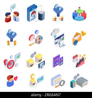 CRM isometric icons set with customer relationship and client management isolated vector illustration Stock Vector