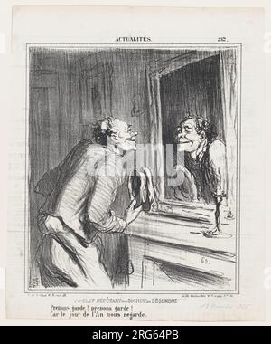 The concierge rehearsing his December smile: Take care! take care! For New Year's Day is approaching!, from 'News of the day,' published in Le Charivari, December 13, 1866 13 December 1866 by Honoré Daumier Stock Photo