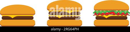 classic simple cheeseburger hamburger food burger symbol icon set of 3 icon vector isolated on white background Stock Vector