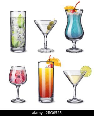Alcohol drinks cocktails realistic set with isolated front view images of cocktail glasses on blank background vector illustration Stock Vector