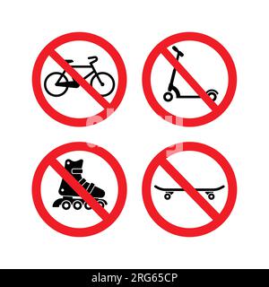 no bikes skateboards rollerskates scooters allowed permitted classic sign symbol simple in red circle slash vector isolated on white background Stock Vector