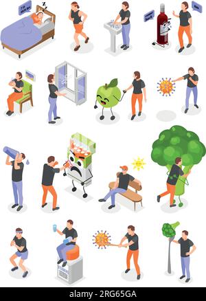 Immune system boost heathy nutrition active lifestyle hydration good sleep no bad habits isometric icons set isolated vector illustration Stock Vector