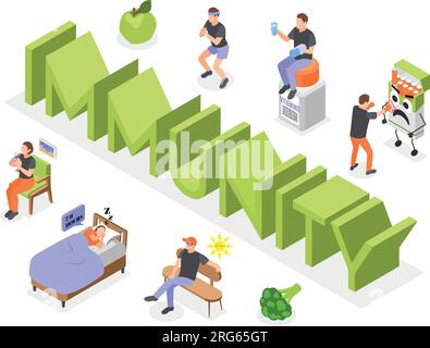 Immunity immune system boost isometric composition with people leading healthy lifestyle vector illustration Stock Vector