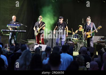 Non Exclusive: IVANO-FRANKIVSK, UKRAINE - AUGUST 5, 2023 - Members of the Braty Hadiukiny rock band hold a charity concert in support of the Armed For Stock Photo