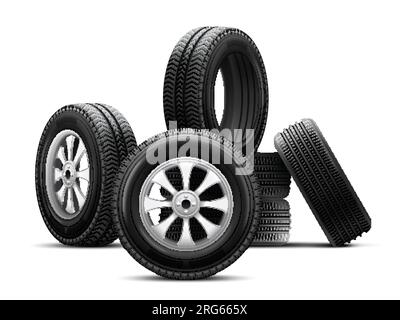 Car wheel tires stacked on top of each other realistic composition at white background vector illustration Stock Vector