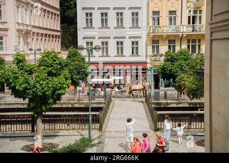 Karlovy Vary, Czech Republic - July 28, 2023: Karlovy Vary (Carlsbad) is a spa town with natura thermal water in Bohemia region of the Czech Republic Stock Photo