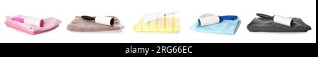 Group of lint rollers with fabrics on white background Stock Photo