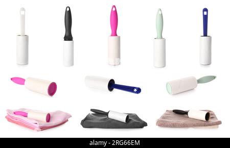 Set of lint rollers with fabrics on white background Stock Photo