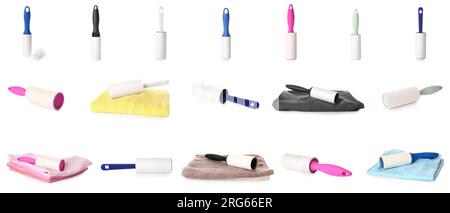 Collage of lint rollers with fabrics on white background Stock Photo