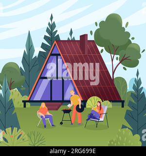 Glamping flat concept with people making barbeque in forest with modern house on background vector illustration Stock Vector