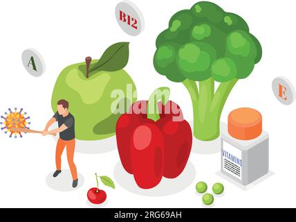 Immune system boost healthy nutrition isometric composition with vegetables fruit bottle of vitamins and man fighting virus vector illustration Stock Vector