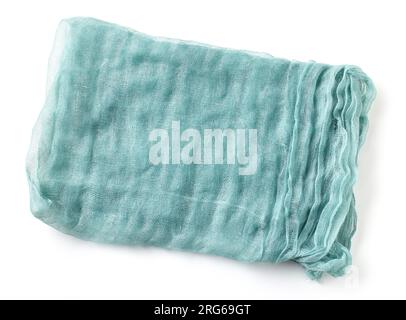 folded crumpled blue cotton napkin isolated on white background, top view Stock Photo