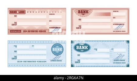 Blank bank check template with blue and pink guilloche pattern and signature realistic set isolated vector illustration Stock Vector