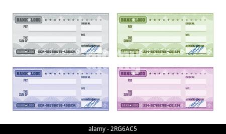 Multicolored blank bank check with handwritten signature realistic set isolated at white background vector illustration Stock Vector