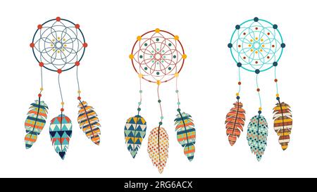 Native American Indian Dream Catchers set. Mandala and feathers. Indian culture. Ethnic spiritual talisman. Spiritualism. Flat boho style. Hipster hip Stock Vector