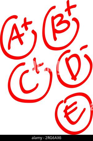 Exam result set, hand drawn letters A F in circles and do and dont marks. Education school graphic, red grade from perfect to not good, vector sketch Stock Vector