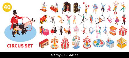 Isometric circus big set with isolated icons of circus performers with big top and amusement rides vector illustration Stock Vector