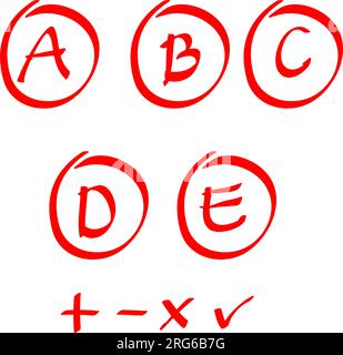 Exam result set, hand drawn letters A F in circles and do and dont marks. Education school graphic, red grade from perfect to not good, vector sketch Stock Vector