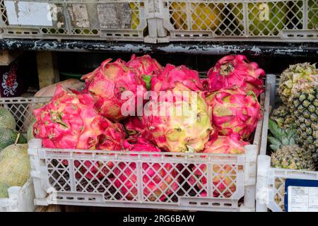 Red fleshed dragonfruit, Selenicereus costaricensis, at a fruit stand in Sidemen, Karangasem, Bali, Indonesia Stock Photo