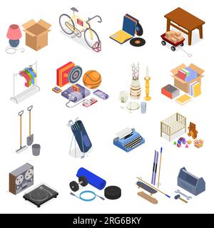 Garage sale isolated icons set with flea market symbols isolated vector illustration Stock Vector