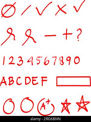 Exam result set, hand drawn letters A F in circles and do and dont marks. Education school graphic, red grade from perfect to not good, vector sketch Stock Vector