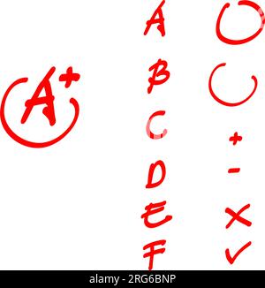 Exam result set, hand drawn letters A F in circles and do and dont marks. Education school graphic, red grade from perfect to not good, vector sketch Stock Vector