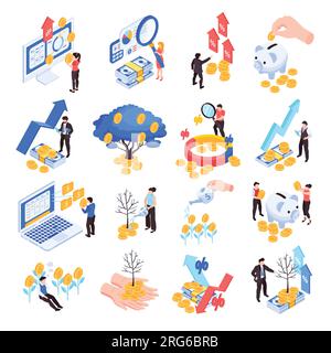 Isometric finance set of isolated icons with human characters coins banknotes with money plant growing concepts vector illustration Stock Vector