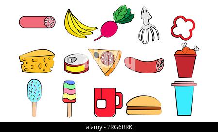 Set of 15 icons of items of delicious food and snacks for a cafe bar restaurant on a white background: pizza, sausage, vegetables, cheese, klmar, ice Stock Vector