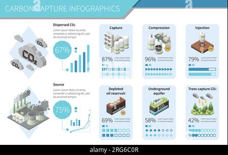 Carbon capture storage sequestration technology infographics with co2 clouds reservoir icons with text percentage and graphs vector illustration Stock Vector