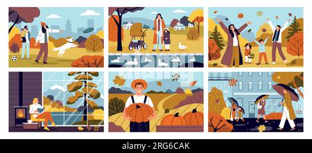 Autumn and fall color set with orange forest symbols flat isolated vector illsutration Stock Vector