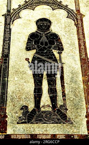 Burnham Thorpe church, Sir William Calthorpe, 1420, Medieval monumental brass effigy, knight in armour, Norfolk, England, UK Stock Photo