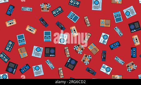 Seamless pattern endless with music audio tech electronics equipment old retro vintage hipster from 70s, 80s, 90s isolated on red background. Vector i Stock Vector