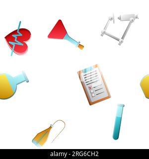 Endless seamless pattern of medical scientific medical objects icons of droppers of hearts with the pulse of flasks of documents and microscopes on a Stock Vector
