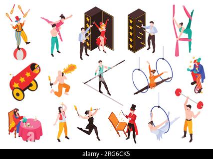 Isometric circus set with isolated icons of props with characters of performers artists on blank background vector illustration Stock Vector