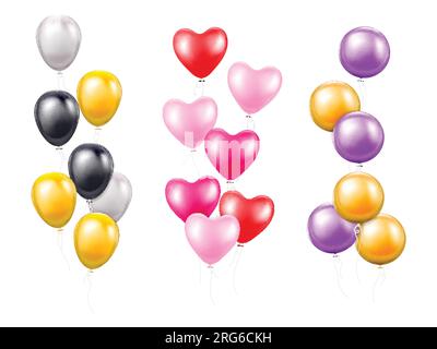 Colored bunches of flying air balloons of different shapes and colors realistic compositions isolated vector illustration Stock Vector