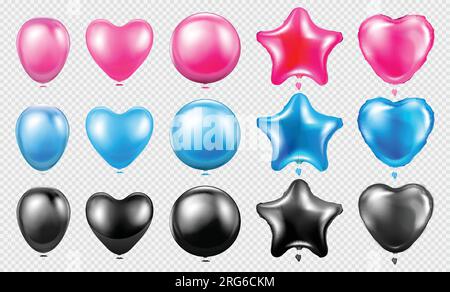 Air balloons in shape of heart and star realistic color set at transparent background isolated vector illustration Stock Vector