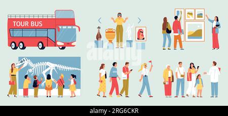 Guide and excursion set with sightseeing symbols flat isolated vector ...