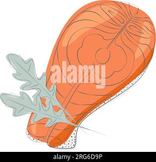 Abstract image of salmon steak with sprigs of arugula in trendy shades. Healthy food Day. Seafood. Isolate. Design for poster, banner, brochures or web, packing, cards or price tag, label. Vector. EPS Stock Vector