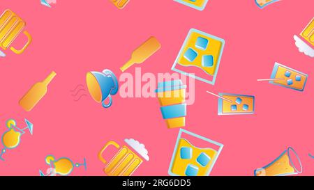 Endless seamless pattern of beautiful glass glasses with tasty alcoholic cocktails with ice and straws with lemons and beer for a party on a pink back Stock Vector