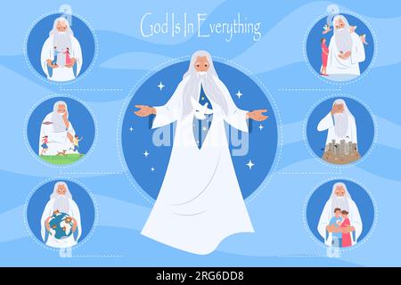 God father flat set of infographic compositions with old man doing magic embracing kids holding globe vector illustration Stock Vector