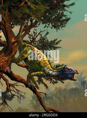 Hypsilophodon dinosaur perched on a tree branch. Stock Photo