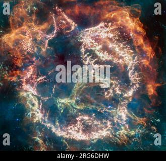 Vivid colors and intricate structures of the supernova remnant Cassiopeia A. Stock Photo