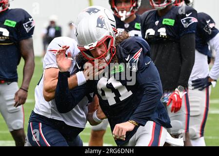 New England Patriots safety Brenden Schooler (41) warms up prior to an NFL  football game against the Green Bay Packers, Sunday, Oct. 2, 2022, in Green  Bay, Wis. (AP Photo/Kamil Krzaczynski Stock